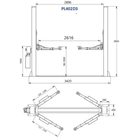 Hidraul. dviejų kolonų keltuvas su mech. saugumo fiksatoriais (3 pakopų letenos), 4.0t