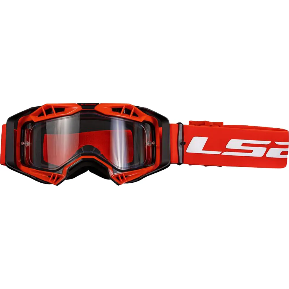 AKINIAI LS2 AURA ENDURO – JUODI / RAUDONI, SKAIDRUS STIKLIUKAS