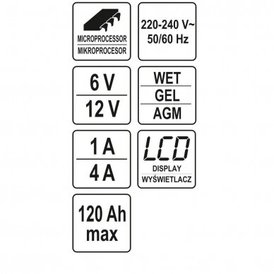 Automobilių akumuliatorių pakrovėjas Yato YT-83033; 6 V/12 V 2