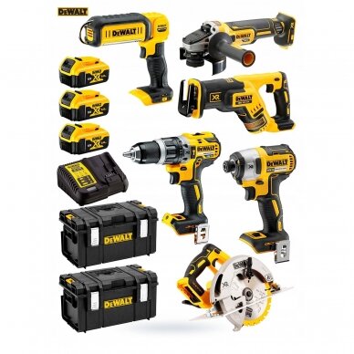 Įrankių rinkinys DeWalt DCK623P3 (DCG405 + DCS367 + DCS570 + DCF887 + DCD796 + DCL050); 18 V; 3x5,0 Ah akum.