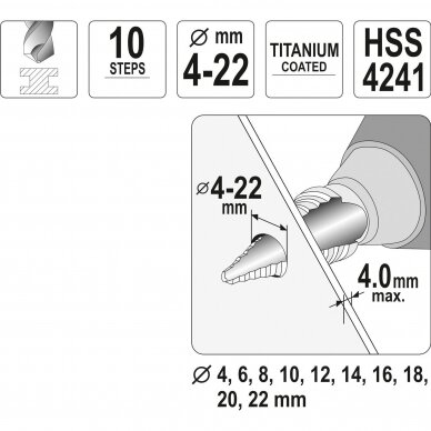 Pakopinis grąžtas Yato YT-44741; 4-22 mm 2