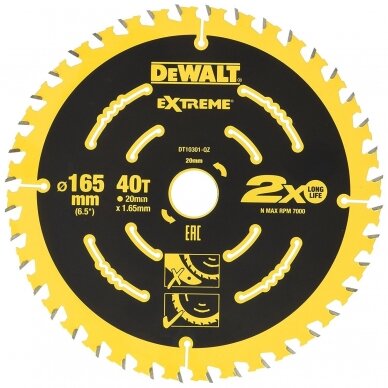 Pjovimo diskas medienai DeWalt; 165x1,65x20,0 mm; Z40; 18°; DT10301