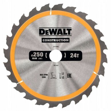 Pjovimo diskas medienai DeWalt; 250x3x30,0 mm; Z24; 10°; DT1956